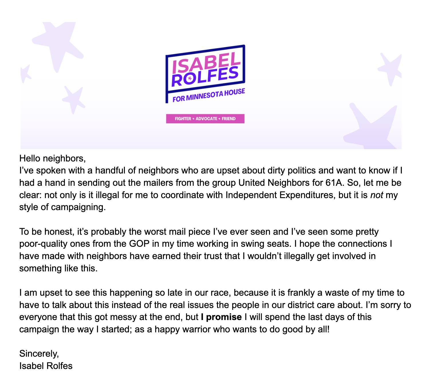Statement from Isabel Rolfes regarding the United Neighbors for 61A mailer